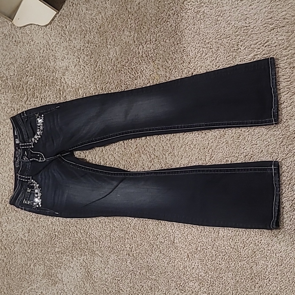 Miss Me  Jeans with White Stitching and Rhinestones Dark Blue Or Black Sz 24 - Picture 11 of 12
